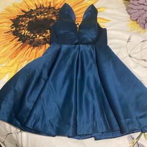 Blue/peacock satin cocktail/evening dress/homecoming dress. A-line, V neck